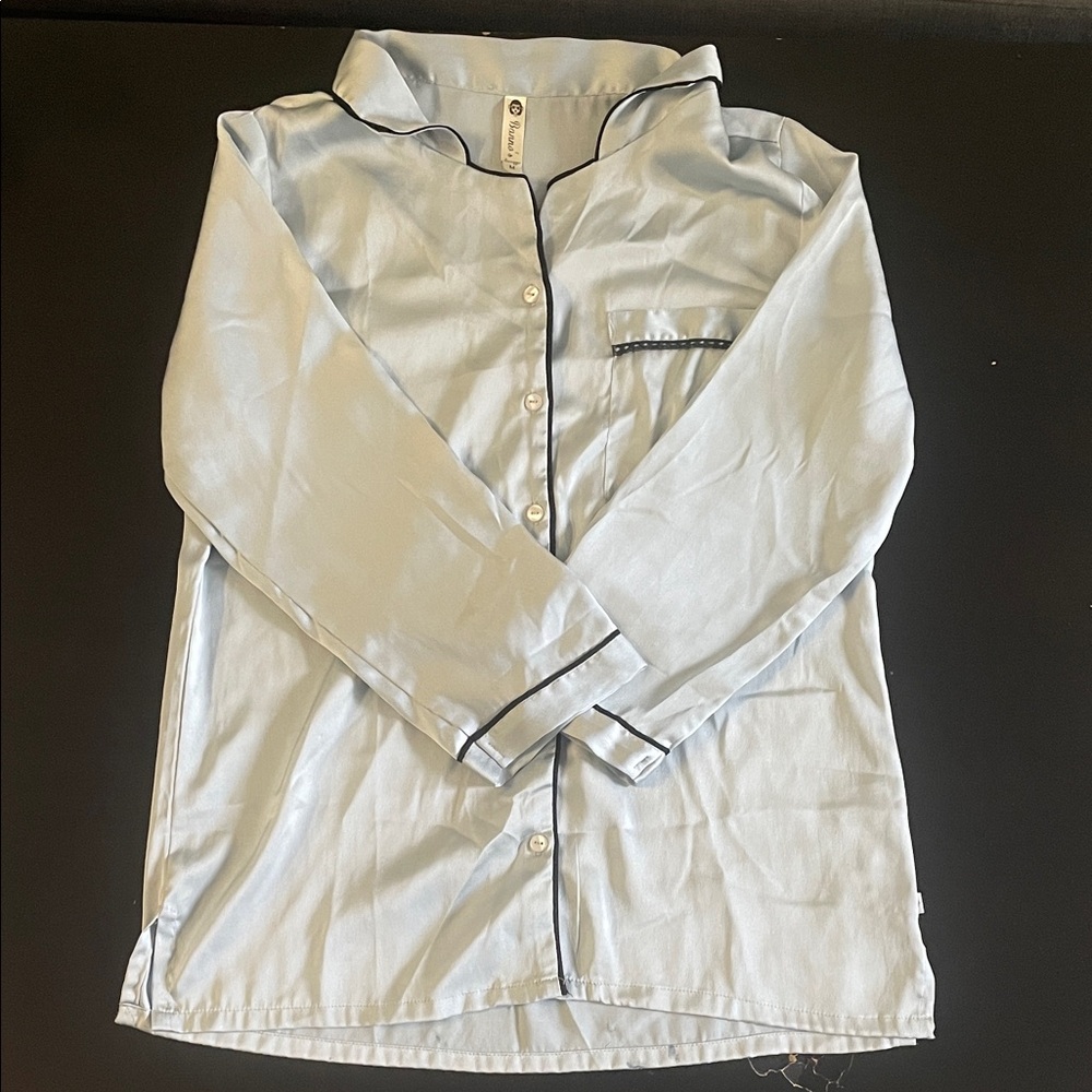 Barneys New York light Blue Satin Pajama Set with Black Trim